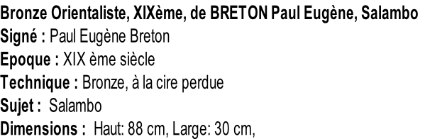 Bronze Orientaliste, XIXème, de BRETON Paul Eugène, Salambo Signé : Paul Eugène Breton Epoque : XIX ème siècle Technique : Bronze, à la cire perdue Sujet :  Salambo Dimensions :  Haut: 88 cm, Large: 30 cm,
