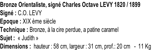 Bronze Orientaliste, signé Charles Octave LEVY 1820 / 1899 Signé : C.O. LEVY Epoque : XIX ème siècle    Technique : Bronze, à la cire perdue, a patine caramel Sujet :  « Judith » Dimensions :  hauteur : 58 cm, largeur : 31 cm, prof.: 20 cm   -  11 Kg
