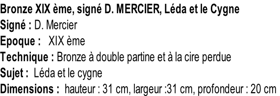 Bronze XIX ème, signé D. MERCIER, Léda et le Cygne Signé : D. Mercier Epoque :   XIX ème Technique : Bronze à double partine et à la cire perdue Sujet :  Léda et le cygne Dimensions :  hauteur : 31 cm, largeur :31 cm, profondeur : 20 cm