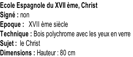 Ecole Espagnole du XVII ème, Christ Signé : non Epoque :   XVII ème siècle Technique : Bois polychrome avec les yeux en verre Sujet :  le Christ Dimensions : Hauteur : 80 cm