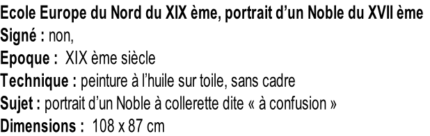 Ecole Europe du Nord du XIX ème, portrait d’un Noble du XVII ème Signé : non,  Epoque :  XIX ème siècle Technique : peinture à l’huile sur toile, sans cadre Sujet : portrait d’un Noble à collerette dite « à confusion » Dimensions :  108 x 87 cm